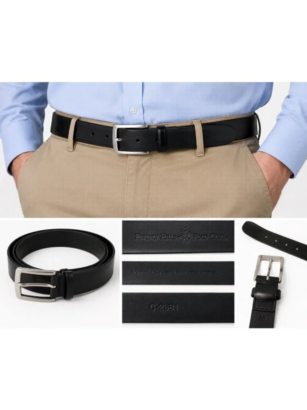 Beverly Hills Polo Club Black Bonded Leather Belt Size 38 Silver Buckle
